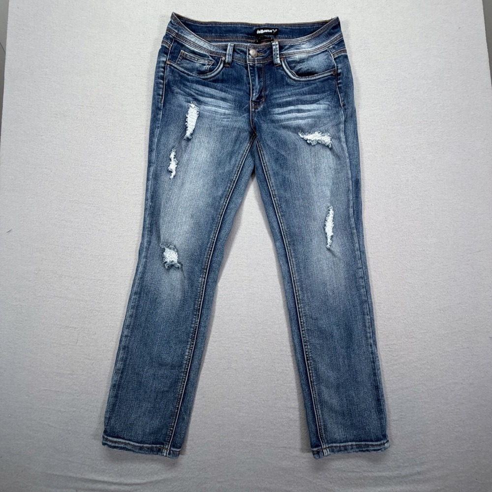 Dollhouse Charley Straight Leg Jeans Womens 9 Good Blue Distressed Ripped